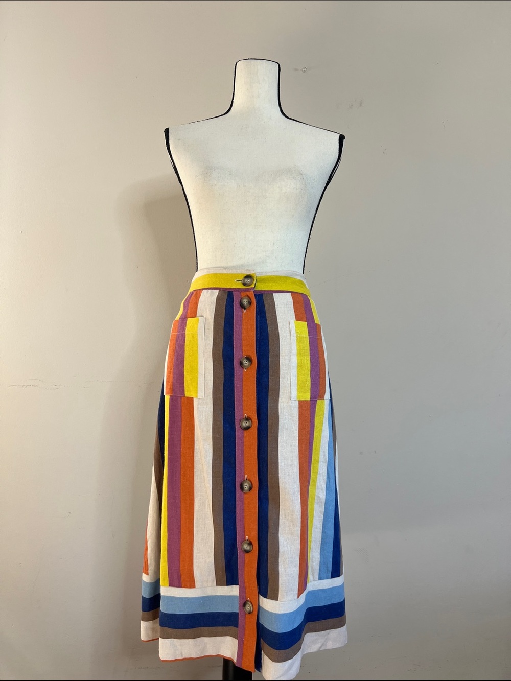 🍊🍓🍎Gilli Multi-Stripe Button-Front Midi Skirt with Yellow Waistband
